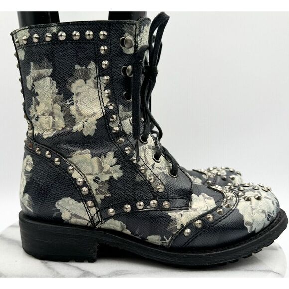 Ash Shoes - ASH Women's Black Leather Floral Studded Round Toe Biker Combat Boots Size 36
